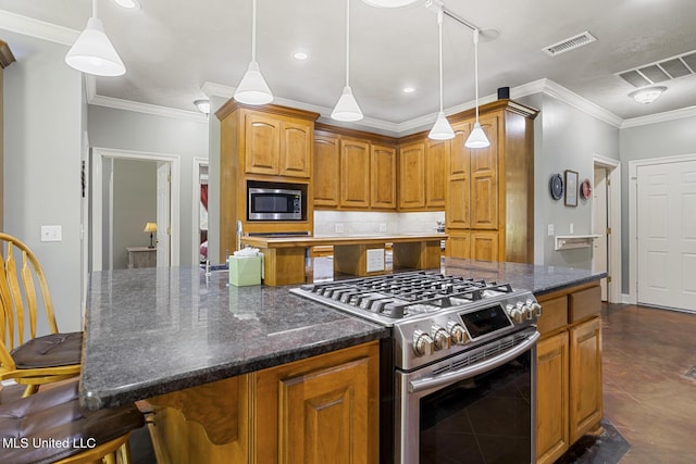 114 Sandstone Dr, Brandon, MS 39047 - kitchen with appliances with stainless steel finishes, crown molding, decorative backsplash, brown cabinetry, and a kitchen breakfast bar