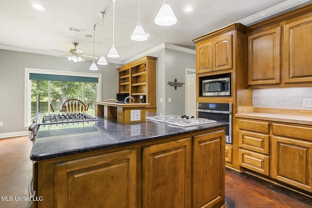 114 Sandstone Dr, Brandon, MS 39047 - kitchen with appliances with stainless steel finishes, ornamental molding, open shelves, ceiling fan, and decorative light fixtures