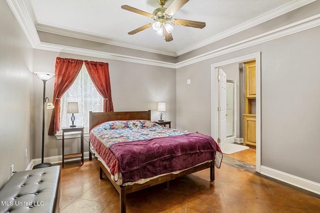 114 Sandstone Dr, Brandon, MS 39047 - tiled bedroom featuring crown molding, baseboards, ceiling fan, and ensuite bath