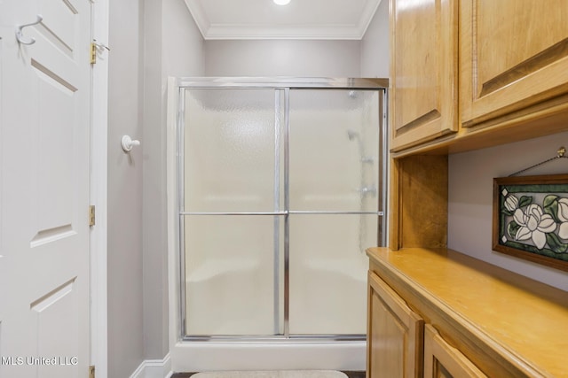 114 Sandstone Dr, Brandon, MS 39047 - full bathroom featuring ornamental molding and a shower stall