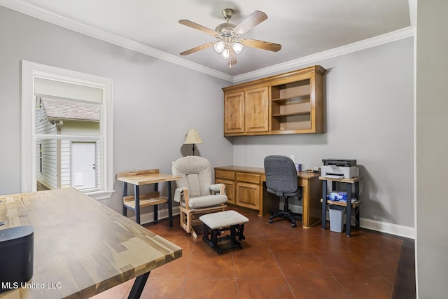 114 Sandstone Dr, Brandon, MS 39047 - office area with ornamental molding, a ceiling fan, dark tile patterned flooring, and baseboards
