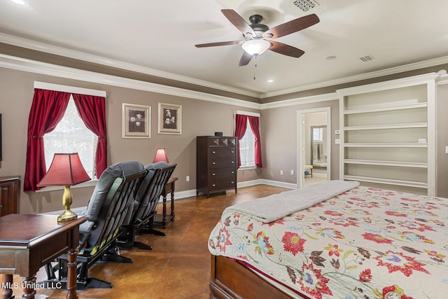 114 Sandstone Dr, Brandon, MS 39047 - bedroom with crown molding, baseboards, an office area, recessed lighting, and a ceiling fan
