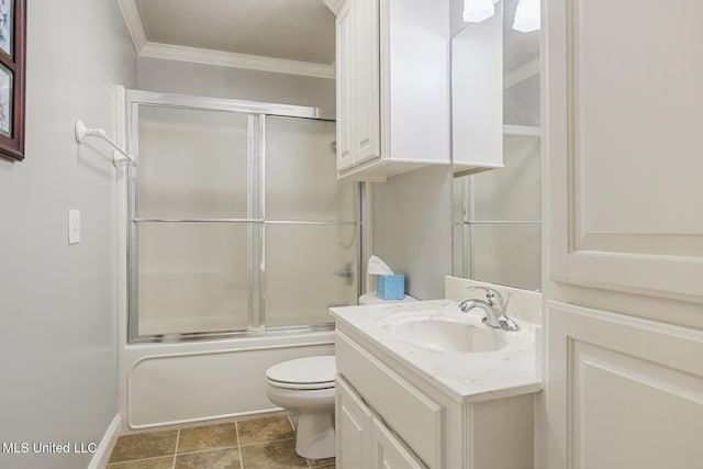 114 Sandstone Dr, Brandon, MS 39047 - bathroom with toilet, vanity, crown molding, and bath / shower combo with glass door