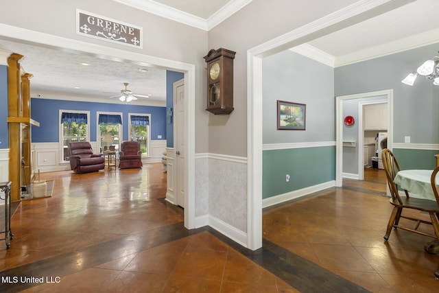114 Sandstone Dr, Brandon, MS 39047 - hall with dark tile patterned floors, inlaid floor details, crown molding, wainscoting, and baseboards