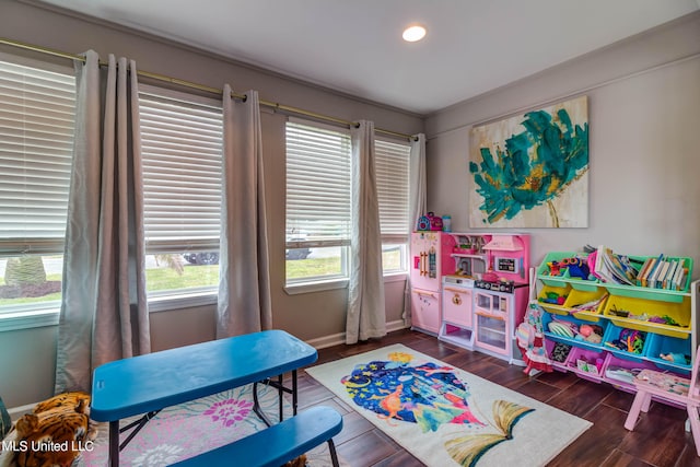 recreation room with dark wood-type flooring