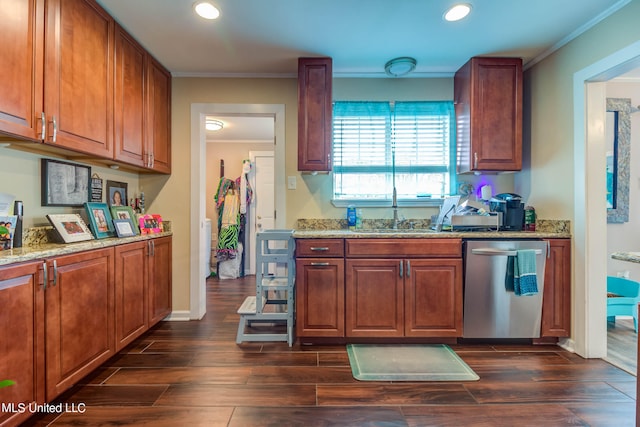 kitchen featuring sink, dishwasher, crown molding, and dark hardwood / wood-style flooring