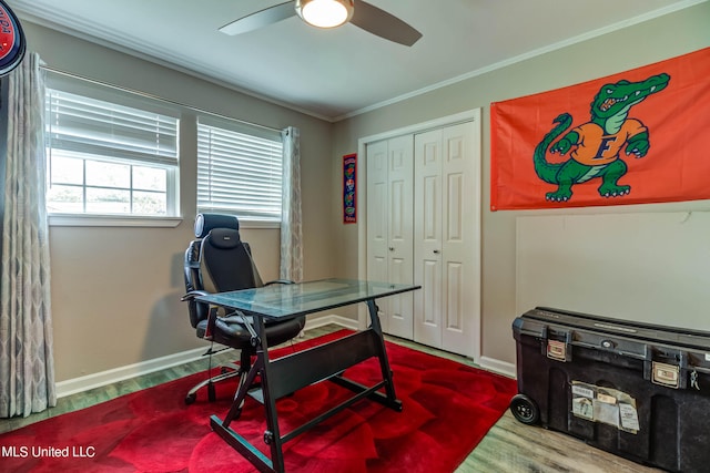 office space featuring ornamental molding, hardwood / wood-style floors, and ceiling fan