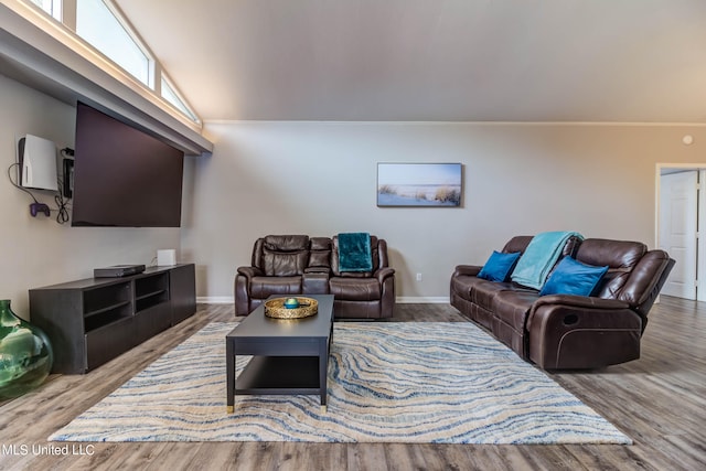 living room with hardwood / wood-style flooring, ornamental molding, and lofted ceiling