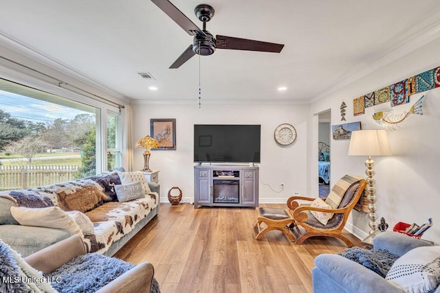 living room featuring ornamental molding, ceiling fan, and light wood-type flooring