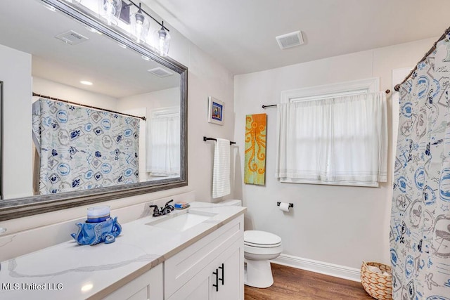 bathroom featuring toilet, wood-type flooring, vanity, and walk in shower