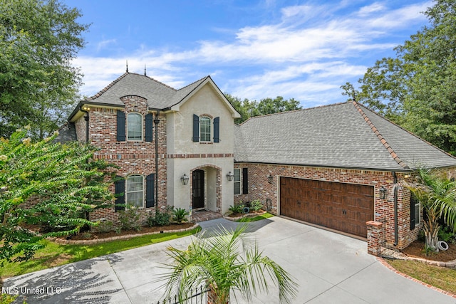 french provincial home featuring a garage