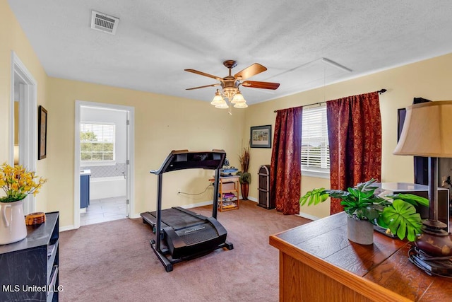11020 Jordan Dr, Bay Saint Louis, MS 39520 - workout area with attic access, a ceiling fan, a textured ceiling, carpet floors, and baseboards