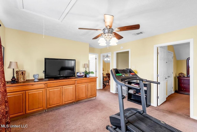 11020 Jordan Dr, Bay Saint Louis, MS 39520 - workout room with attic access, light carpet, and ceiling fan