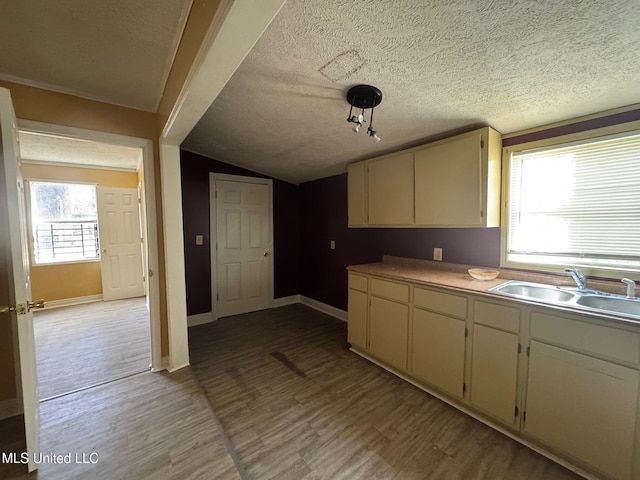 kitchen with cream cabinetry, lofted ceiling, sink, and light hardwood / wood-style flooring