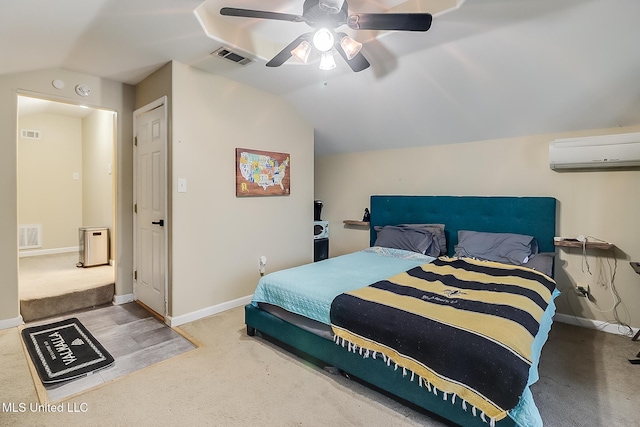 carpeted bedroom featuring ceiling fan, an AC wall unit, and lofted ceiling