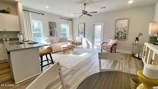 living room featuring sink, light wood-type flooring, and plenty of natural light