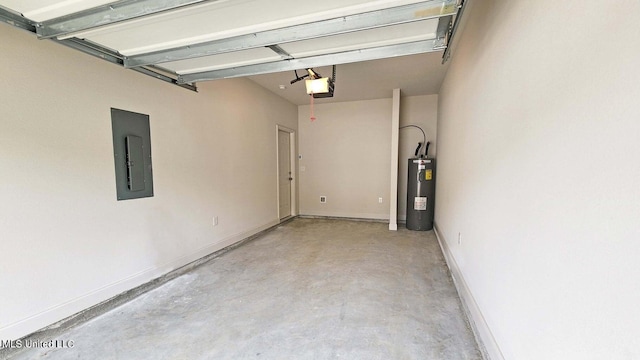 garage featuring a garage door opener, electric water heater, and electric panel