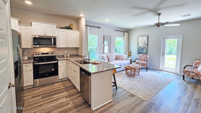 kitchen with kitchen peninsula, white cabinets, dark wood-type flooring, sink, and stainless steel appliances