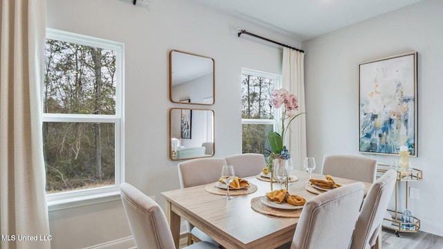 dining space featuring wood-type flooring