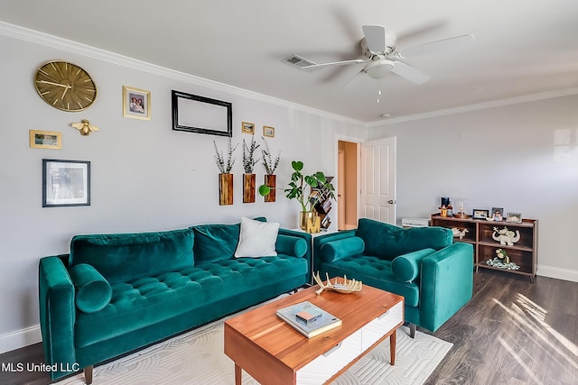 living room featuring hardwood / wood-style flooring, ceiling fan, and ornamental molding