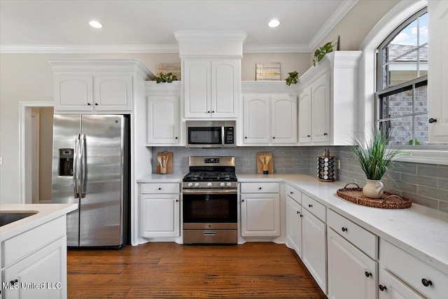 142 Western Ridge Cir, Canton, MS 39046 - kitchen featuring stainless steel appliances, white cabinetry, crown molding, light countertops, and backsplash