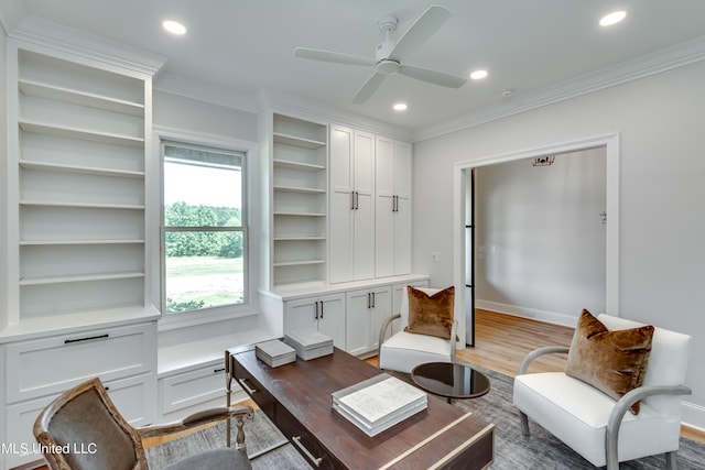 106 Horseshoe Ln, Flora, MS 39071 - home office with ornamental molding, recessed lighting, wood finished floors, ceiling fan, and baseboards