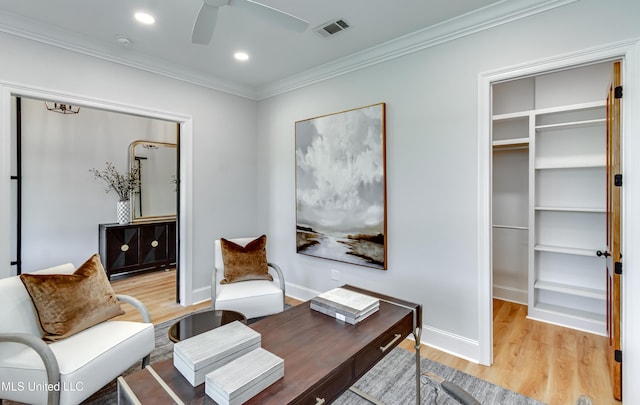 106 Horseshoe Ln, Flora, MS 39071 - office area featuring ornamental molding, light wood-style flooring, baseboards, recessed lighting, and a ceiling fan
