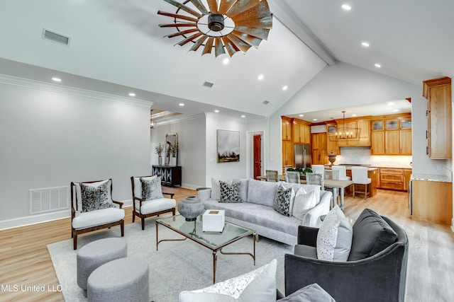106 Horseshoe Ln, Flora, MS 39071 - living area featuring a chandelier, light wood-style flooring, recessed lighting, ornamental molding, and beamed ceiling