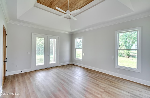106 Horseshoe Ln, Flora, MS 39071 - unfurnished room with a tray ceiling, french doors, light wood-type flooring, baseboards, and wood ceiling