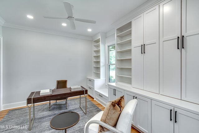 106 Horseshoe Ln, Flora, MS 39071 - office area with light wood-type flooring, ornamental molding, ceiling fan, recessed lighting, and baseboards