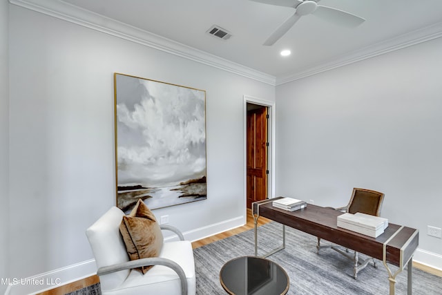 106 Horseshoe Ln, Flora, MS 39071 - home office with ornamental molding, wood finished floors, baseboards, a ceiling fan, and recessed lighting
