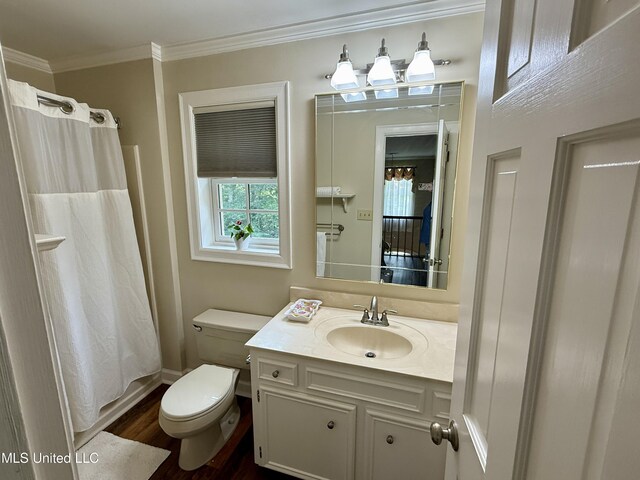 1331 Northwood Cir, Carthage, MS 39051 - bathroom with vanity, wood finished floors, ornamental molding, and a shower with shower curtain
