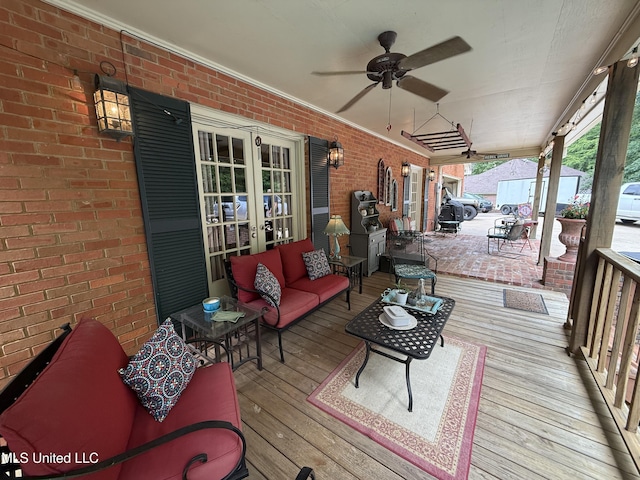 1331 Northwood Cir, Carthage, MS 39051 - deck featuring an outdoor hangout area, french doors, and a ceiling fan