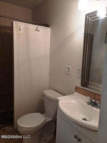 bathroom with vanity, toilet, and walk in shower