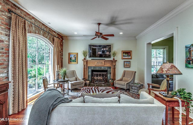 338 Hillview Dr, Ridgeland, MS 39157 - living room with ceiling fan, hardwood / wood-style floors, crown molding, and plenty of natural light
