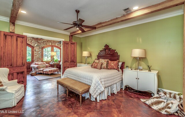338 Hillview Dr, Ridgeland, MS 39157 - tiled bedroom featuring ceiling fan and ornamental molding