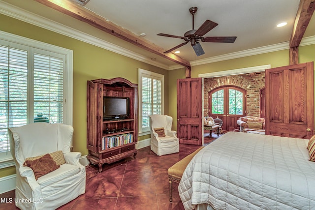 338 Hillview Dr, Ridgeland, MS 39157 - bedroom featuring ceiling fan, dark tile patterned floors, crown molding, and french doors