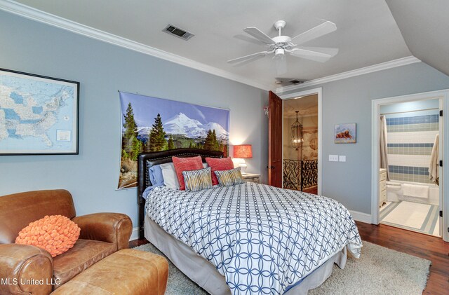 338 Hillview Dr, Ridgeland, MS 39157 - bedroom with ceiling fan, hardwood / wood-style flooring, connected bathroom, and ornamental molding