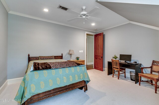 338 Hillview Dr, Ridgeland, MS 39157 - carpeted bedroom featuring lofted ceiling, ceiling fan, and crown molding