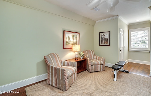 338 Hillview Dr, Ridgeland, MS 39157 - sitting room with ceiling fan, ornamental molding, and light wood-type flooring