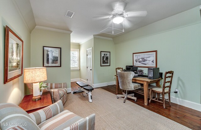 338 Hillview Dr, Ridgeland, MS 39157 - office space featuring ceiling fan, hardwood / wood-style floors, and crown molding