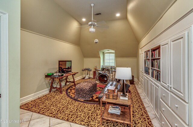 338 Hillview Dr, Ridgeland, MS 39157 - interior space with ceiling fan, light tile patterned flooring, and high vaulted ceiling