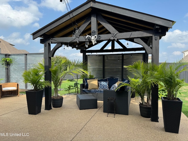 view of patio / terrace featuring a gazebo and an outdoor hangout area