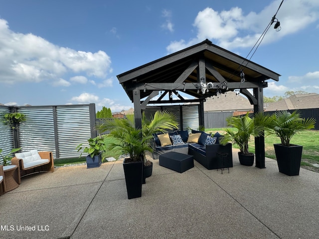 view of patio / terrace with a gazebo and outdoor lounge area