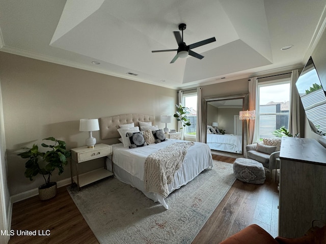 bedroom with multiple windows, dark wood-type flooring, and a raised ceiling