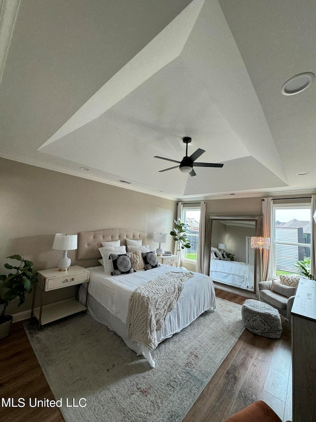 bedroom with dark hardwood / wood-style floors, a tray ceiling, and ceiling fan