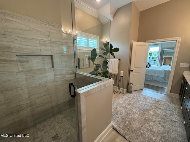 bathroom featuring vanity, walk in shower, and hardwood / wood-style floors