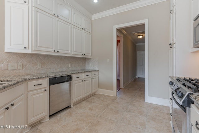 kitchen featuring light stone counters, ornamental molding, appliances with stainless steel finishes, decorative backsplash, and white cabinets