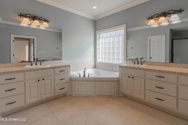 bathroom featuring vanity, crown molding, tile patterned floors, and separate shower and tub