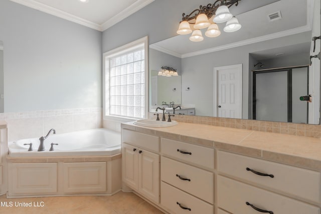 bathroom with crown molding, shower with separate bathtub, a chandelier, vanity, and tile patterned flooring